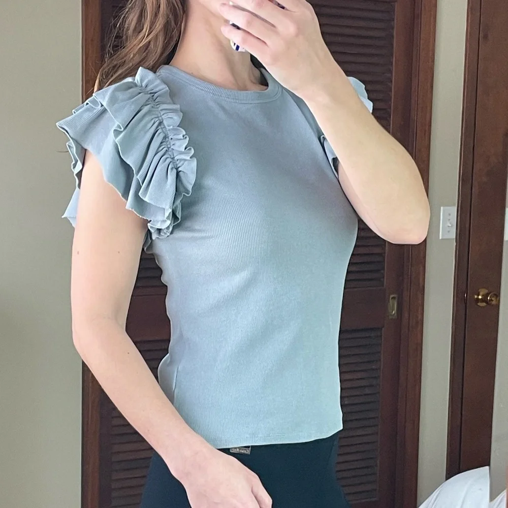 Express Statement Ruffle Sleeve Shirt Medium Light Blue - Picture 5 of 5